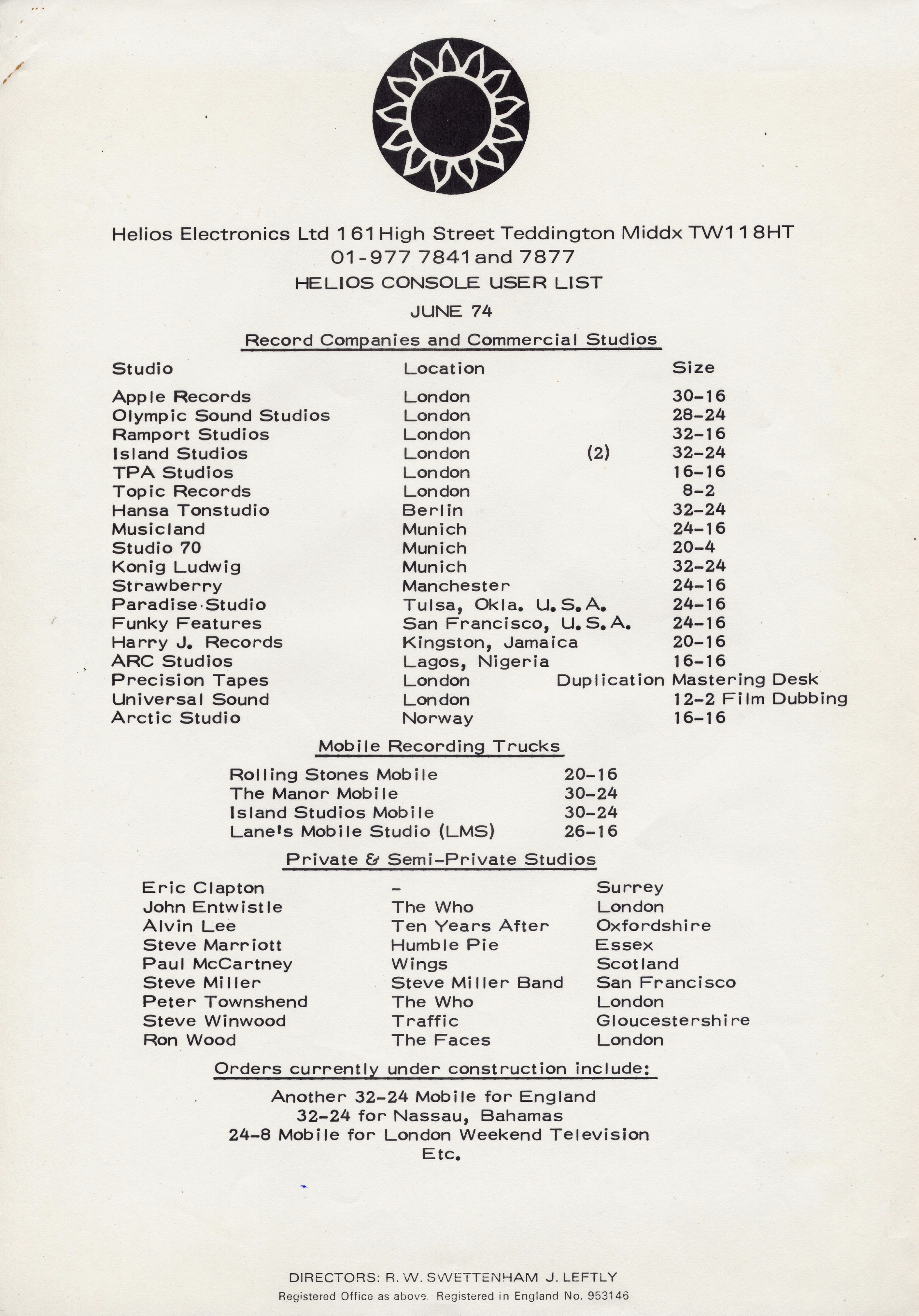 Helios user list June 1974 
